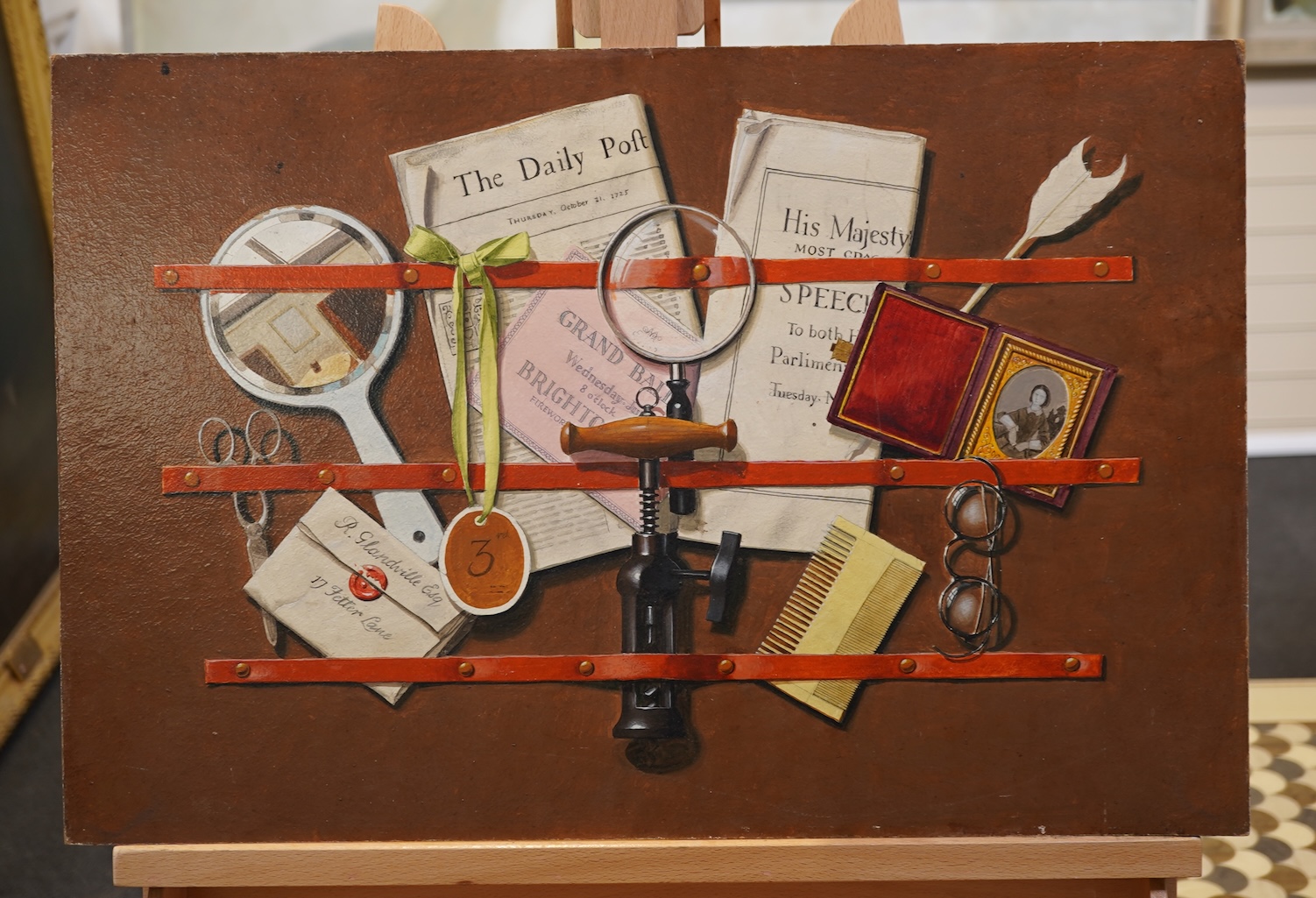 Frederick Clifford Harrison, (1901-1984), Trompe-l'oeil still life study of objects in a letter rack